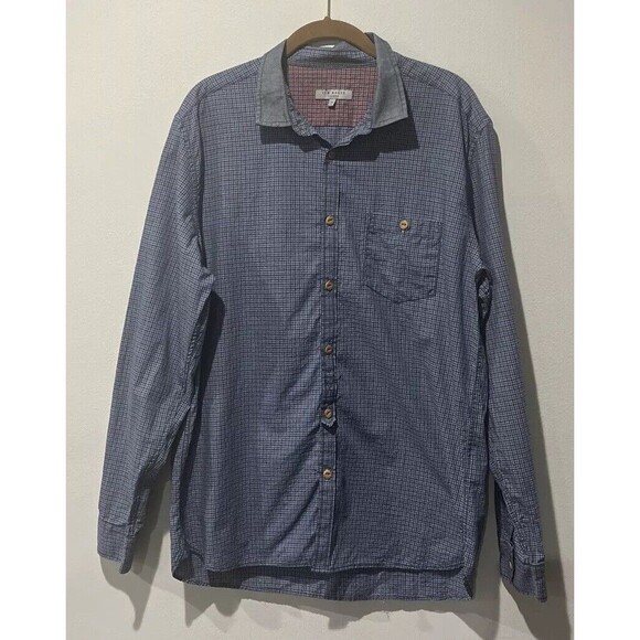 Ted Baker Shirt Mens 5 XL Blue Button Up Gingham Check Chambray Collar Elbow - Picture 1 of 9